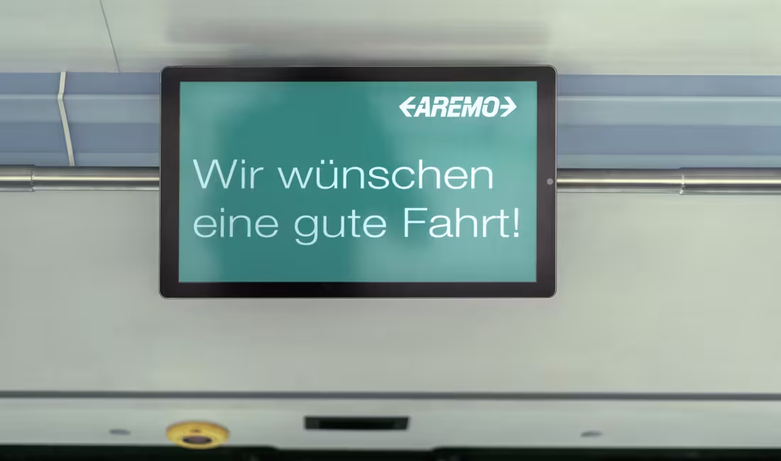 AREMO-Bildschirm: Wir wünschen eine gute Fahrt